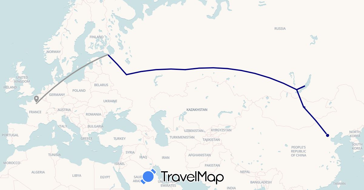 TravelMap itinerary: driving, plane in China, France, Mongolia, Russia (Asia, Europe)